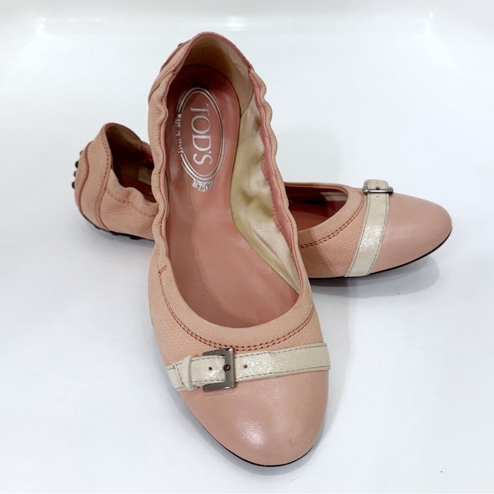 Tods Pink BalletβFlatsΒ Shimmer Cream Buckle Size 37